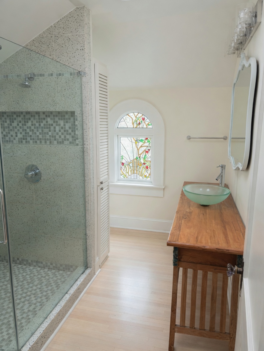 A small upstairs bath: glass shower in terrazzo tile, slim Mission vanity with a frosted-glass vessel sink.