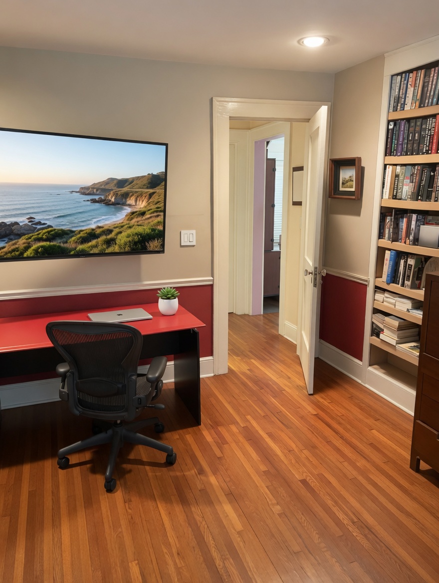 A small den with a red built-in desk, bookshelves, and an Aeron chair.