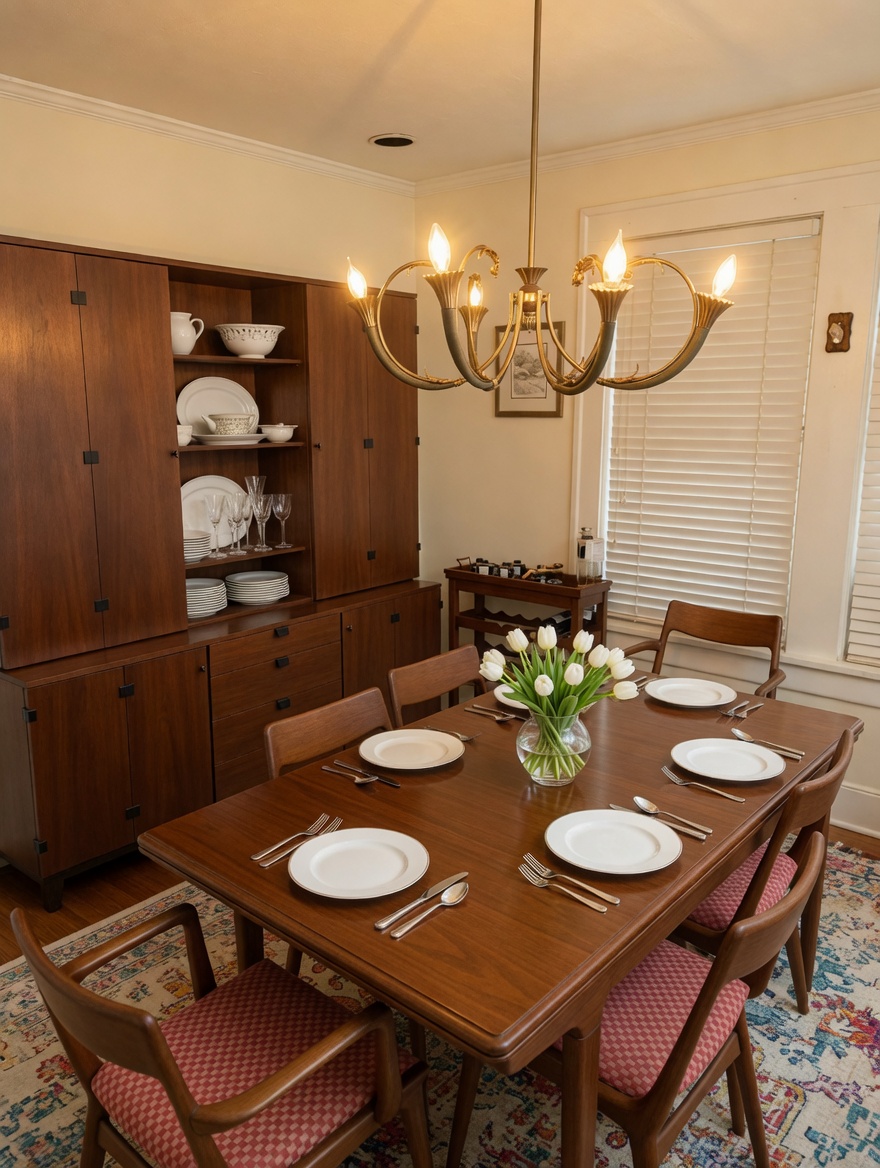 A walnut Danish-modern dining table under a brass chandelier; walnut credenza behind.