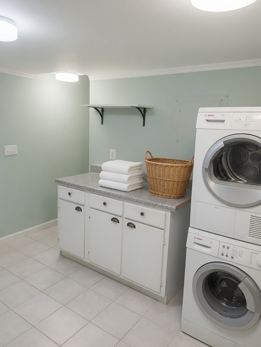 A sage-walled laundry room with stacked Bosch washer-dryer and a folded stack of towels on the counter.