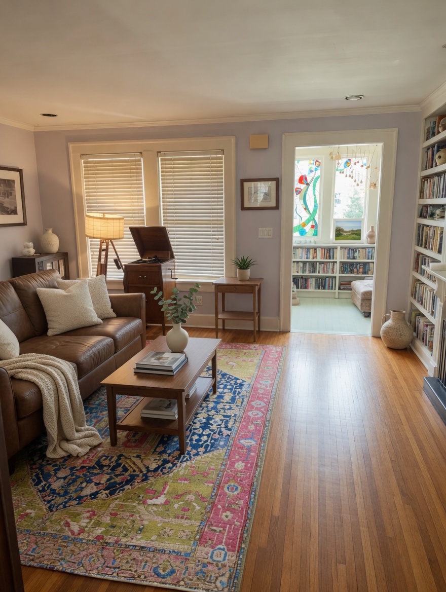 The living room in daylight, with vintage radio console, tripod lamp, and view through to the reading nook.