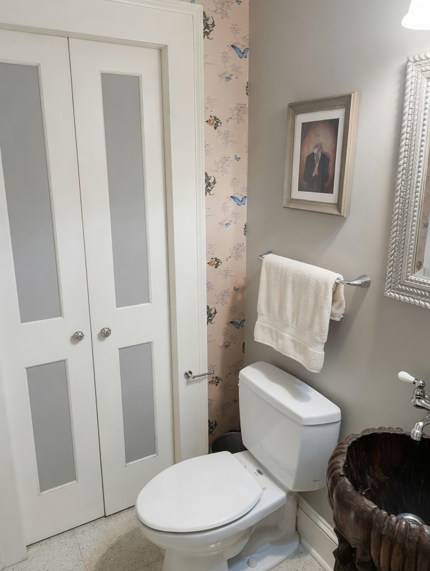 The powder room: bronze shell-shaped sink, butterfly wallpaper accent, silver beaded mirror.
