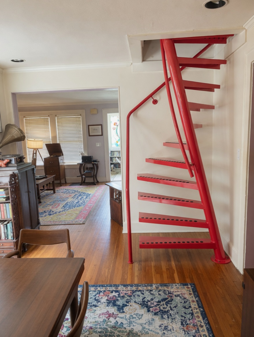 A bright red steel spiral staircase rising through a ceiling cutout, with a view through to the living room.