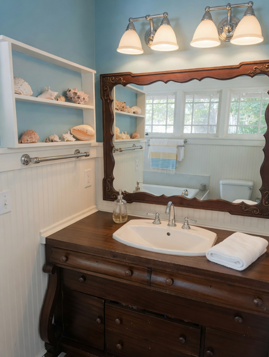 An Empire-era antique dresser converted into a vanity, with a shell collection on an open shelf above.